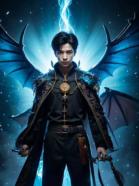 It is an elaborate and intricate fantasy portrait depicting a stout and determined seventeen-year-old man with an aura, a huge bright blue light behind him, bright black hair, dragons and phoenixes flying, golden light, Chinese martial arts style.