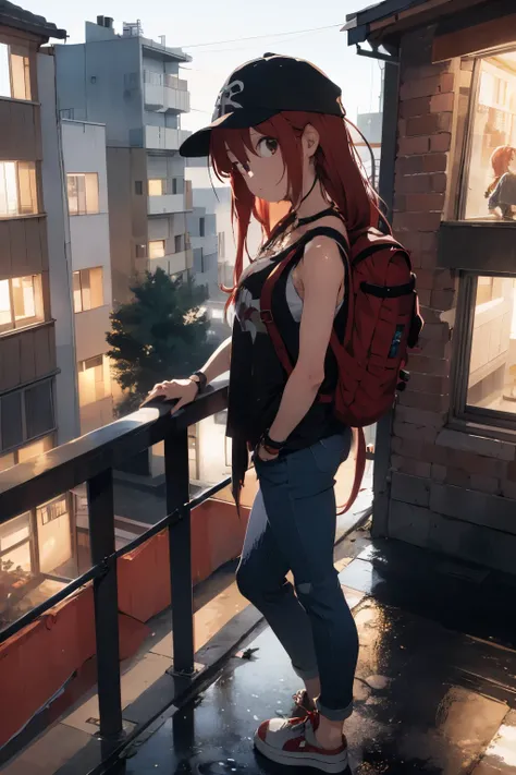 anime girl, red hair, long hair, skateboarding, jeans pants, tank top, cap, backpack, bracelet, necklace, full body, raining, sad, night, leaning on the balcony