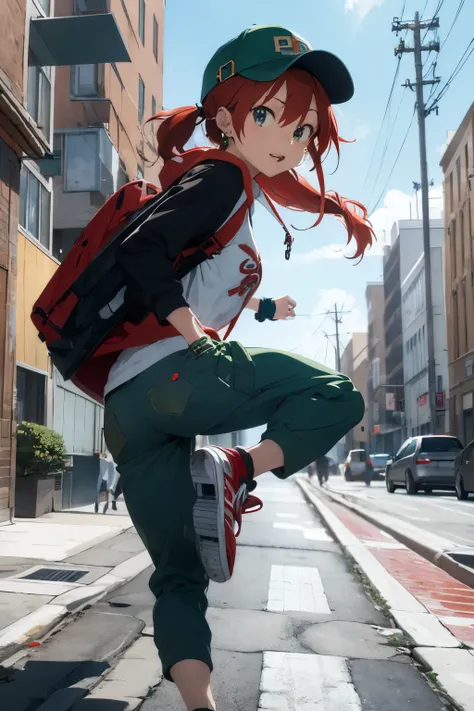 anime girl, red hair, skatebording, long hair, green hoodie, blue baggy pants, cap, backpack, bracelet, necklace, earring, parkour, running, jumping