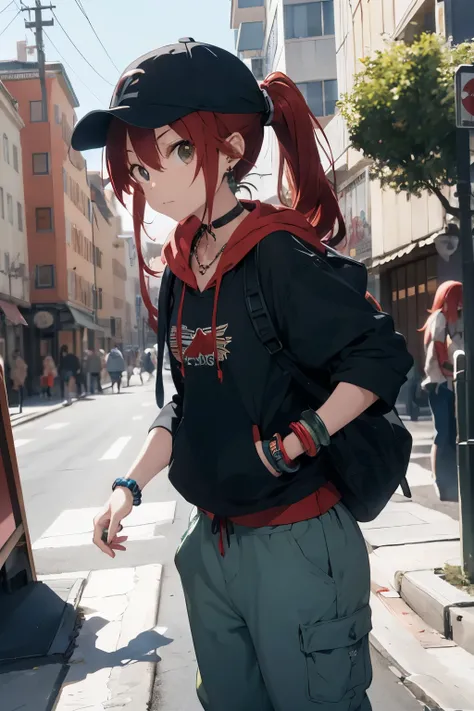 anime girl, red hair, skatebording, long hair, green hoodie, blue baggy pants, cap, scroll, shinobi, bracelet, necklace, earring,