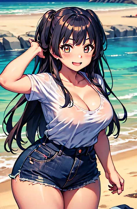 Anime illustration、highest quality、A short and plump high school girl、Sporty T-shirt、Shibuya Rin、hot pants、Sandy Beach、Perfect proportions、overwhelmingly big breasts、Beautiful, shining eyes、Blushed、smile、Cowboy Shot