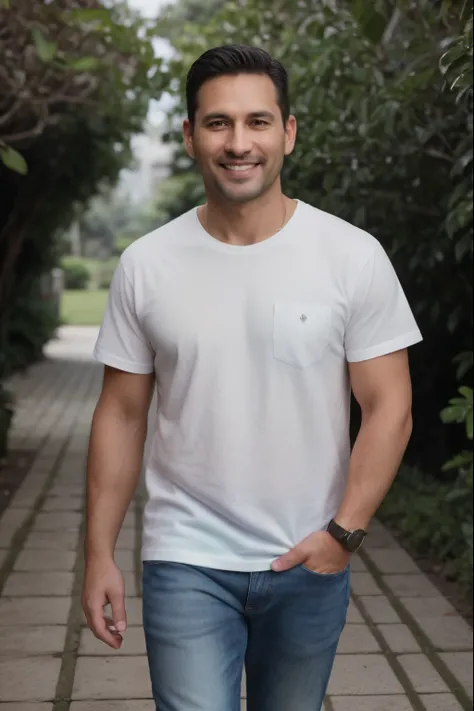 8K Ultra HD, Digital SLR, high quality , RAW Photos, Realistic photos ,Fujifilm XT3, Canon R5, Handsome man,40 years old，smile，白いShih Tzuと散歩，White T-shirt，jeans，Shih Tzu，refreshing， Lush green garden, Dawn