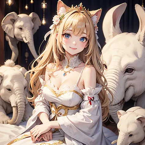 Cat with ivory ribbon、Ivory hair、Ivory eyes、Ivory clothes、elephant、smile、Asia、princess