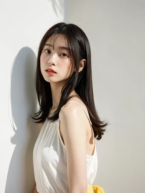 See-through tops、Stylish spring clothes、Silky hair、(背景にWhite wall、Some of her hair is yellow:1.4)、White wall、Taken in front of a white door、(窓のあるWhite wallの部屋)、((highest quality、8k、masterpiece:1.3))、Ultra-high resolution、(photoGenuineistic:1.4)、RAW Photos、...