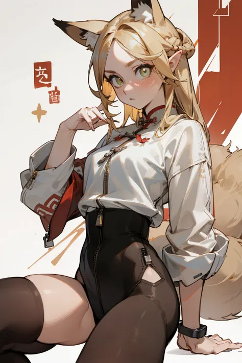 (masterpiece, best quality) detailed, Wearing black tights, silver accessories , The zipper is not closed , Blonde ,elegant, (Fox ears)，Red Eyeshadow, ，Chinese element pattern，thigh，漏出thigh，White shirt