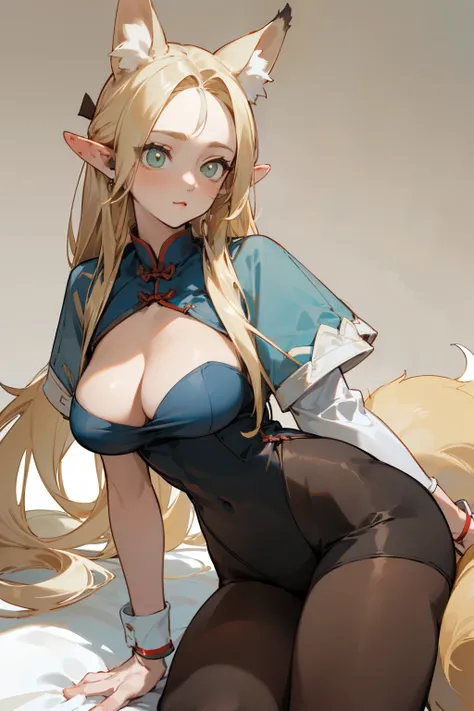 (masterpiece, best quality) detailed, Wearing black tights, silver accessories , Blonde ,elegant, Pointed ears ，Chinese element pattern，thigh，漏出thigh，Fox ears，Large Breasts