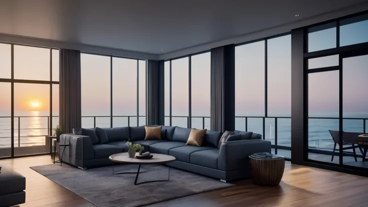 Side view of the living room，Features a sofa and coffee table, Sunset view, Luxury apartment interior, Sea view, Luxurious environment, Unreal Engine realistic render, Architectural Visualization, Penthouse, Extremely detailed rendering, 8k vray rendering,...