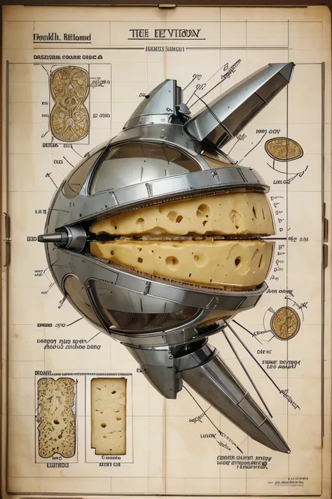 Highly detailed technical drawing of cheese The illustrations should include a side view, cross-sections, and exploded views to show both the exterior and interior organs. Labeled parts with annotations specifying materials, dimensions, and other anatomic ...