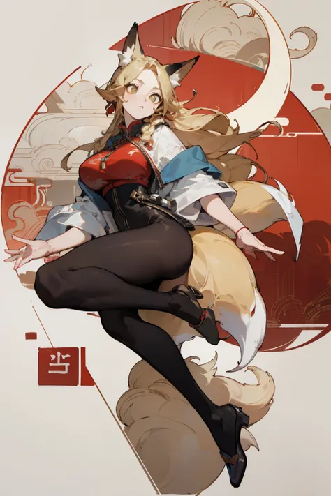 (masterpiece, best quality) detailed, Wearing black tights, silver accessories , The zipper is not closed , Blonde ,elegant, (Fox ears)，Red Eyeshadow, ，Chinese element pattern，thigh，漏出thigh，whole body，Large Breasts