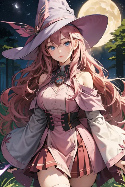 extures, stunning clarity,ultra detailed anime girl,15 years old girl,dark pink hair,wavy hair,(wizard fashion),intelligent eyes,Shoulder Bare、Chest exposed、Thighs、zettai ryoiki,forest,spelling magic,cowboy shot,wand,wizard hat,look at viewer,cozy,fantasic...