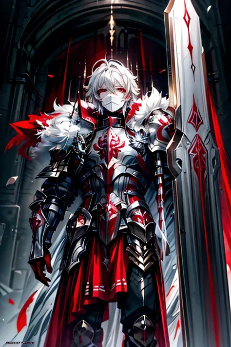 (masterpiece, best quality, perfect face, expressive eyes), 1boy, (anime), (male), (adult), glowing eyes, white hair, red eyes, iron knight armor, white fur cloak, holding large runic hammer,