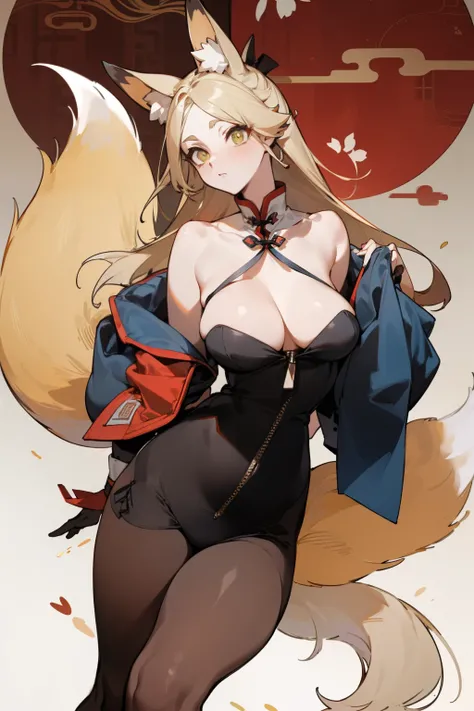 (masterpiece, best quality) detailed, Wearing black tights, silver accessories , The zipper is not closed , Blonde ,elegant, (Fox ears)，Red Eyeshadow, ，Chinese element pattern，thigh，漏出thigh，whole body，Large Breasts