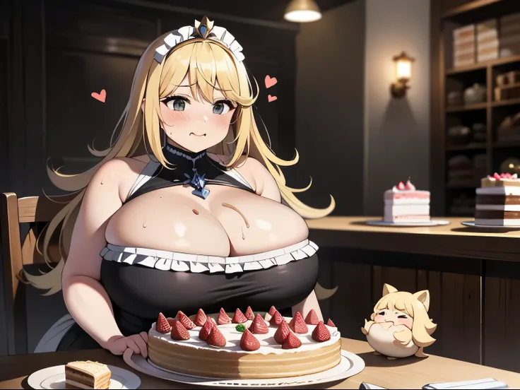 ((highest quality)), ((masterpiece)), (detailed), Perfect Face,Define the body, Big cleavage, Big Hips, massive legs, Overflowing breasts, Fat arms, Underbust, Fat, Xenoblade Chronicles 2 Mithra, (((eat a lot of big cakes at dark pantry)), (Surrounded by m...