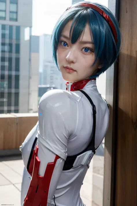 reiayanami, rei ayanami, blue hair, short hair, (red eyes:1.5),
BREAK bodysuit, headgear, plugsuit, white bodysuit,
BREAK outdoors, city,
BREAK looking at viewer, 
BREAK (masterpiece:1.2), best quality, high resolution, unity 8k wallpaper, (illustration:0....