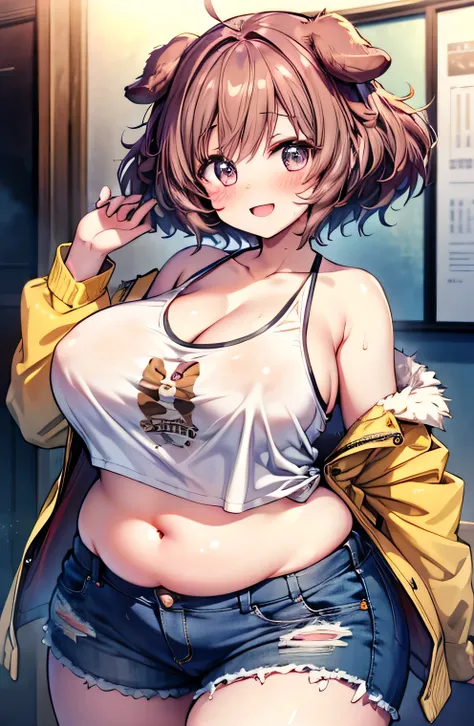 Anime illustration、highest quality、A short and plump high school girl、first round、Sporty tube top、hot pants、Dog park、Perfect proportions、overwhelmingly big breasts、Beautiful, shining eyes、Blushed、smile、Cowboy Shot、Dangerous Beast