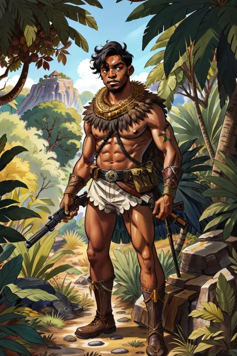 AddamsLORA , illustration, escala de cinza, a male hunter with a rifle in the African jungle