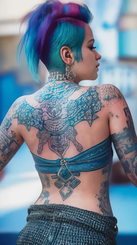 a woman with short blue hair styled to one side, adorned with tattoos on her back. Her vibrant blue hair contrasts beautifully with the intricate tattoos, each design telling a story of expression and artistry. The scene captures a moment of self-expressio...