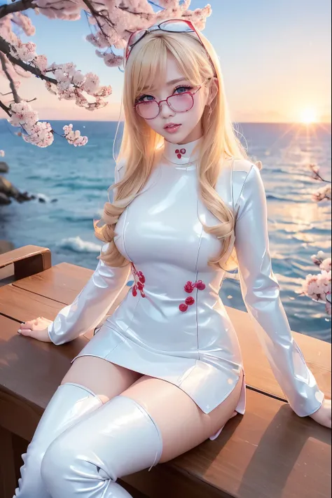 Taiwanese idol girl　Blonde with bangs　((Rimless glasses))　Large Breasts　Big eyes　((White Face Mask))　((Sunset, the sea and lots of cherry blossoms))　((Racing team bodycon dress made from ultra-glossy white and blue patent leather with sponsor lettering.))　...