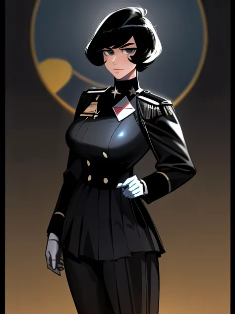 (highest resolution, distinct_image), best quality, masterpiece, highly detailed, semi realistic, a woman with short black hair, mature woman, triple bangs, black uniform, black pleated skirt, military uniform, medals, magnificent military uniform, beautif...