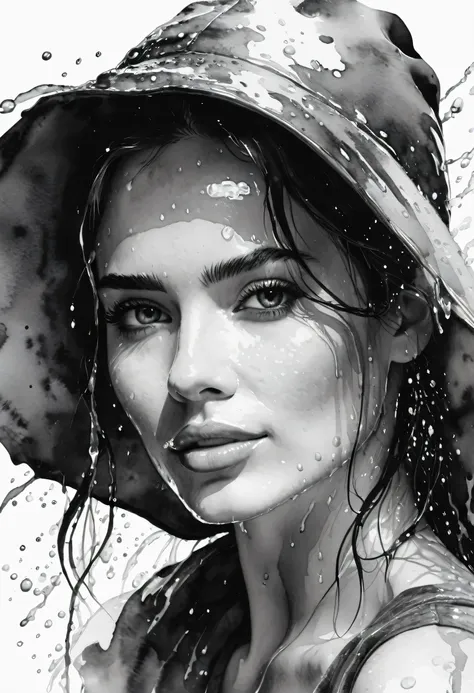 nice woman, wet watercolor,monochrome,Drawing details, on a white background, aesthetically pleasing, beautiful, realistically, close-up, 4k, a high resolution, in the style of Repin, Soft lighting, pixel graphics