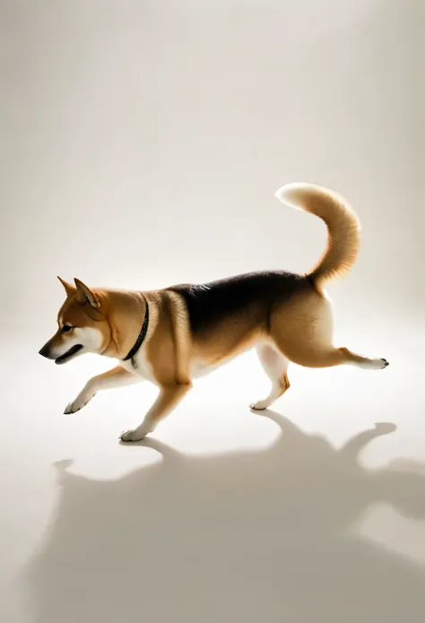 A Shiba Inu，side view，Running in the smoke,  epic ， theatricality and mystique  ，Otherworldly ，Awesome ，Clever use of light and shadow，Adds depth and drama to the scene., Involve the audience in a dark and elegant narrative. This masterpiece, Created by th...