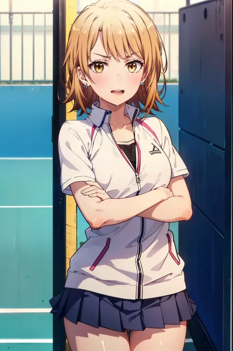 irohaisshiki, Iroha Isshiki, short hair, Brown Hair, (Brown eyes:1.5), happy smile, smile, Open your mouth,smile,
Tennis uniform, Hair Clip, Earrings, jewelry, nm1, Hair Ribbon, short hair, tennis cosplay, (Pleated super short skirt:1.4), (Thighs:1.3), (la...