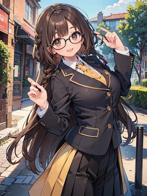 1 Female、Brown hair、Brown Eyes、Best Quality、Super detailed、8 Resolution、Raw photo、Mastepiece、Perfect Body、high resolution、highest quality、Detailed drawing、Vibrant colors、lure、smile、Braid、Black-rimmed glasses、Captivating breasts、Blazer uniform、chool