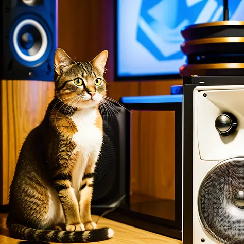 Cat wearing headphones sitting on a speaker、Sepia