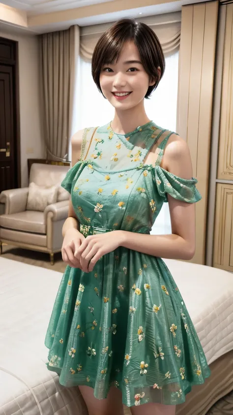 216 Short Hair, 20-year-old woman, A kind smile, Floral, (Gorgeous dress, Luxury Room)