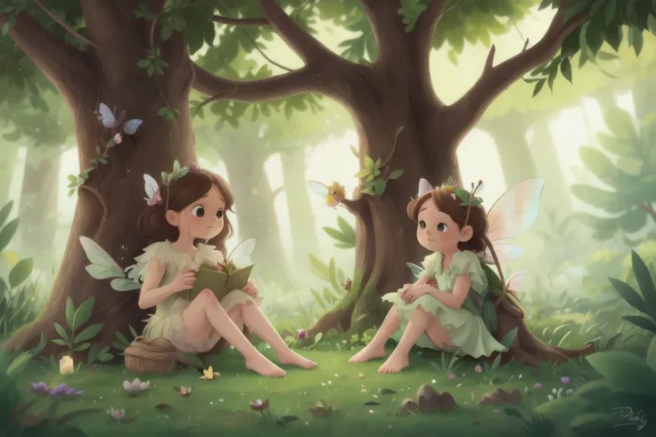 A fairy sitting under a tree