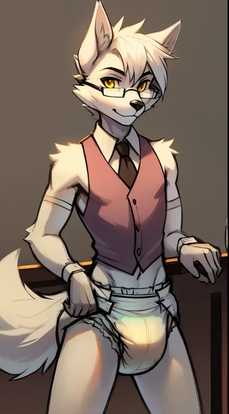 Male, arctic wolf, detailed yellow eyes, long tail, bartender, plain diaper with four tapes, slim, sly, simple background, glasses