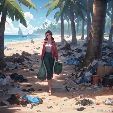 volunteer  woman walking on the beach with a bag, gathering litter, clean environment, enviroment, environment, scattered rubbish and debris, trash, the lost beach, rich environment, littered with garbage, waste everywhere, in a beachfront environment, deb...