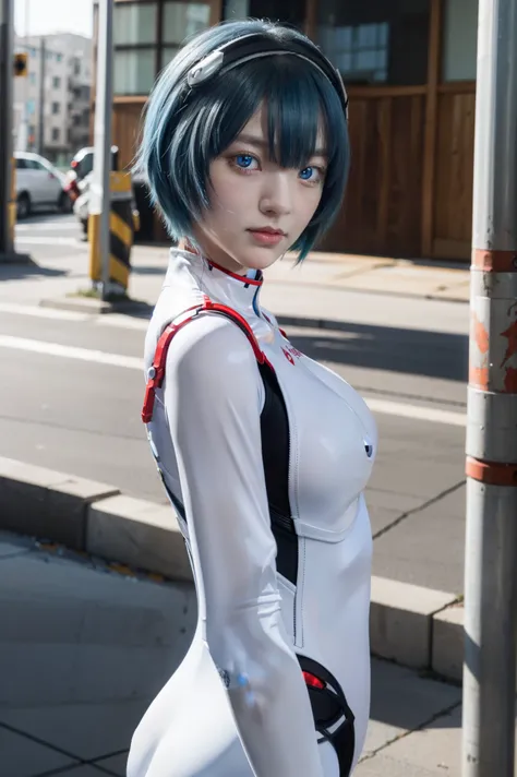 reiayanami, rei ayanami, blue hair, short hair, (red eyes:1.5),
BREAK bodysuit, headgear, plugsuit, white bodysuit,  full body suit
BREAK outdoors, city,
BREAK looking at viewer, 
BREAK (masterpiece:1.2), best quality, high resolution, unity 8k wallpaper, ...