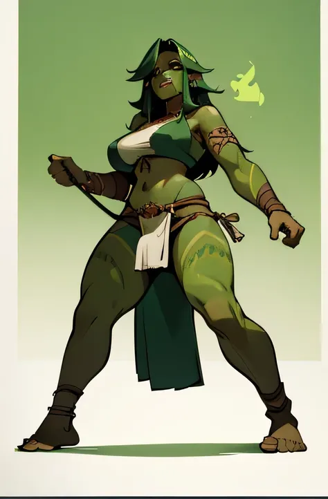 25 years old + weighs 320 lbs + 266 cm tall + 105 inches tall + Bula is an female Orc + green skin + Wearing a tunic and loincloth