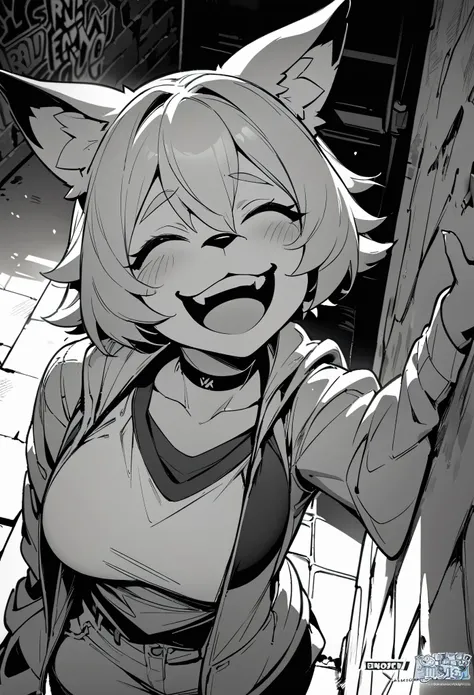 cover page, highres, top quality, best quality, paid reward available, unparalleled masterpiece, perfect artwork, absurdres, High-quality illustrations, laughing, perfect anatomy, lineart, monochrome, 1girl, kemono, furry, anthro, choker, shirt, torn legwe...