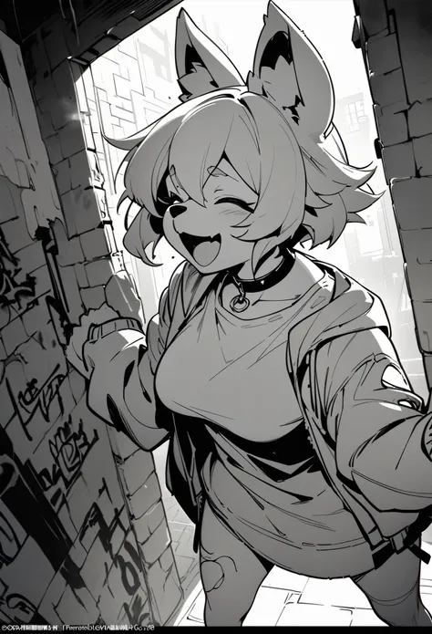 cover page, highres, top quality, best quality, paid reward available, unparalleled masterpiece, perfect artwork, absurdres, High-quality illustrations, laughing, perfect anatomy, lineart, monochrome, 1girl, kemono, furry, anthro, choker, shirt, torn legwe...