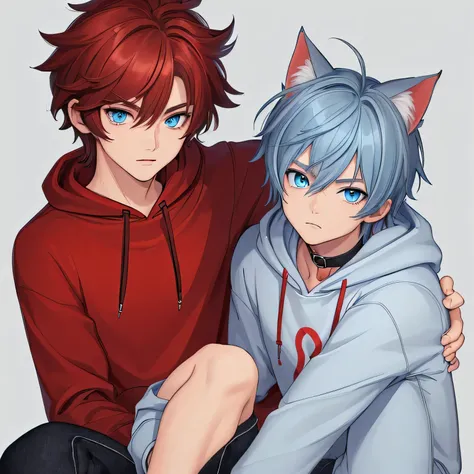 ((best quality)), ((masterpiece)), (detailed), perfect facelong hair catboy with a red collar and light blue eyes, in comfy clot...