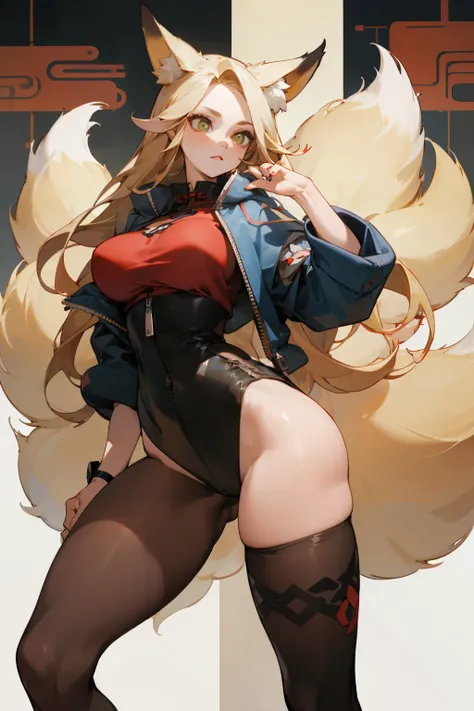 (masterpiece, best quality) detailed, Wearing black tights, silver accessories , The zipper is not closed , Blonde ,elegant, (Fox ears)，Red Eyeshadow, ，Chinese element pattern，thigh，漏出thigh，Large Breasts