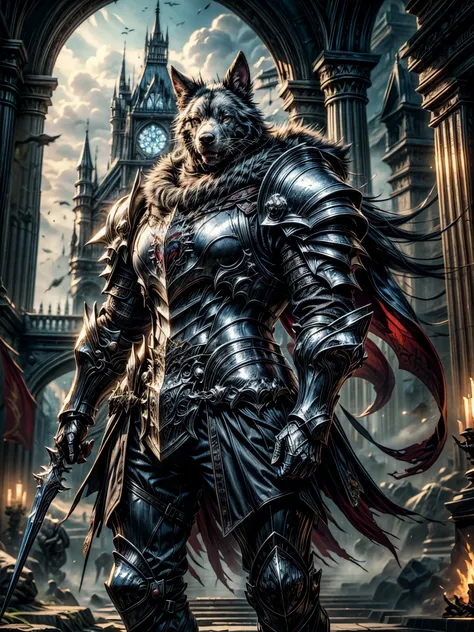  (masterpiece: 1.4, perfect quality: 1.1, beautiful artwork, award winner), A knight standing in the front of huge castle gates, wearing steel plate armour, ornaments on the armor, elite knight armor, muscular body, huge blackfurred dog with huge mouth sta...