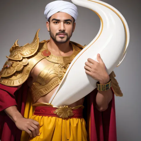 An Alafiid man holds a large white number 3 in front of a gray background, dragon,