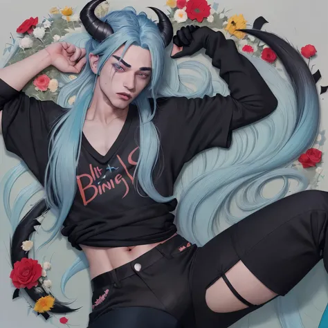 drawing of a beautiful man with long cyan hair tied up, his hair is tied, completely black eyes with long eyelashes, skin of a very dark pastel blue, almost full lips, dressed in a red shirt, black pants and corcet that fit His figure, black high heels and...