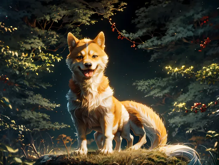 shiba inu，solo，paldragotomically correct，close up，forest background，depth of field，complex background