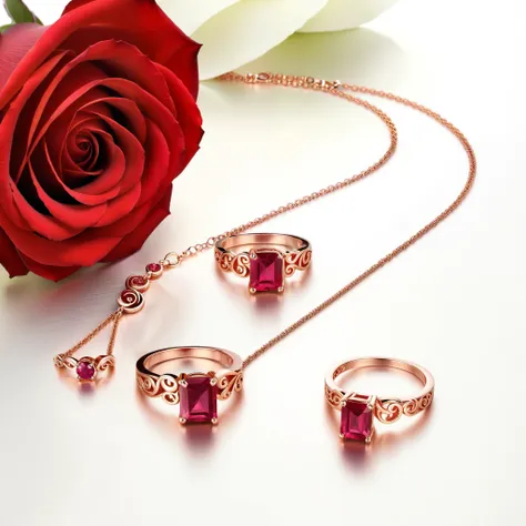 photorealistic image showcasing a set of rose gold earrings with intricate, swirling designs and ruby inlays; a matching rose go...