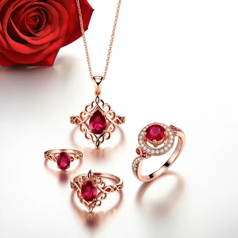 photorealistic image showcasing a set of rose gold earrings with intricate, swirling designs and ruby inlays; a matching rose go...