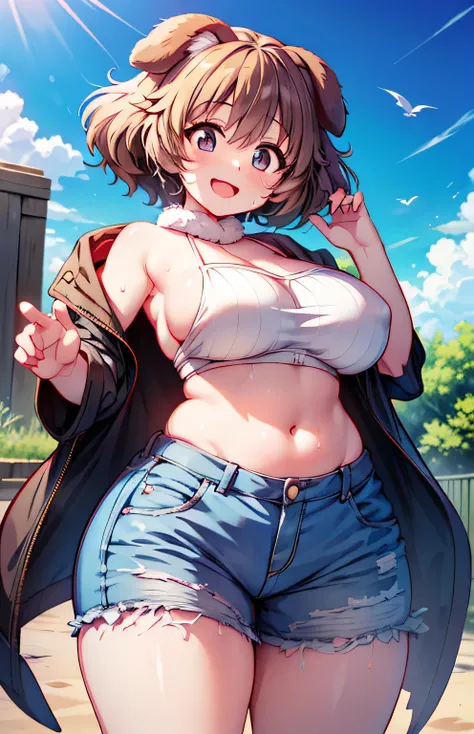 Anime illustration、highest quality、A short and voluptuous beast idol in heat、Playing at the dog run、Kemono Friends、Tube top、hot pants、Perfect proportions、photo shoot、natural Park、Clear skies、overwhelmingly big breasts、Beautiful, shining eyes、Cowboy Shot、sm...