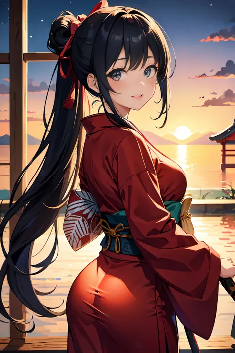 masterpiece、super high quality、Ultra-detailed、Perfect drawing、High Resolution、solo、Beautiful girl、japanese clothing、Ample breasts 、Rear view、Cute face、 Big Ass、Look back with a cute smile、3サイズ B95W60H90 、beautiful girl, warrior,in yukata,Black ponytail, Ha...