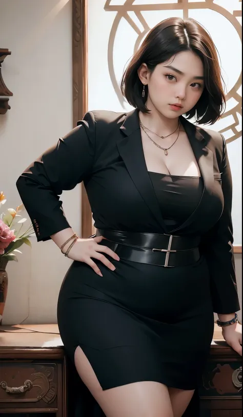 realisitic、curvaceous woman standing alone, woman in black business suit, with a business suit on, businesswoman, woman in busin...