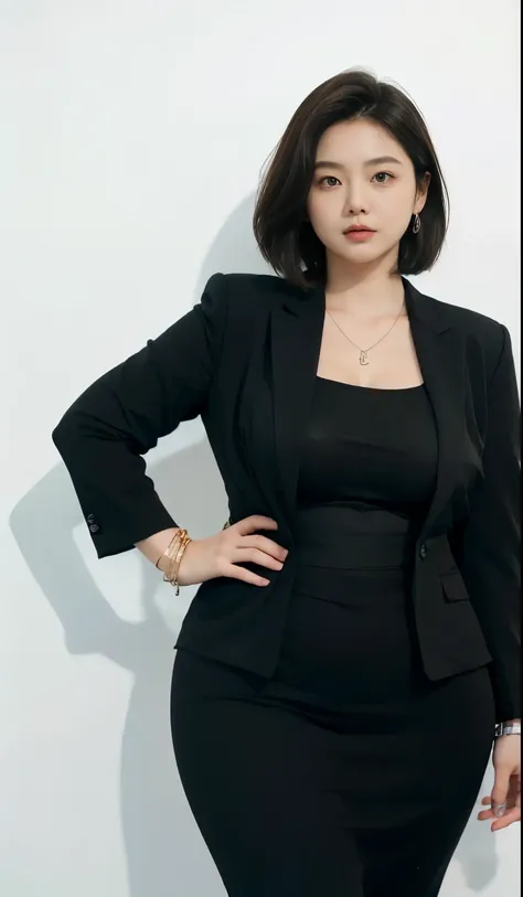 realisitic、Curvaceous woman standing alone, Woman in black business suit, with a business suit on, businesswoman, Woman in business suit, Wearing a white collar shirt under a suit、thick skirt、tight skirts、Girl in a suit, female in tight office dress, , Gir...