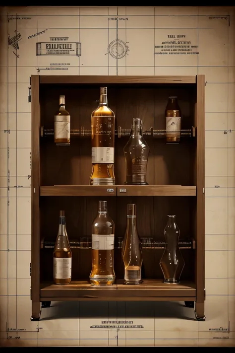 Highly detailed technical drawing of a bottle of whisky The illustrations should include a side view, cross-sections, and exploded views to show both the exterior and interior components. Labeled parts with annotations specifying materials, dimensions, and...