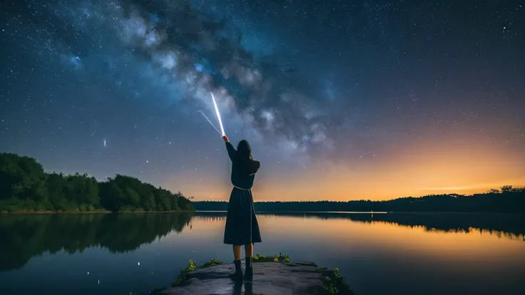 Vast landscape photography, A girl standing by the river and looking up at the sky, shooting star, fire Fly, dream